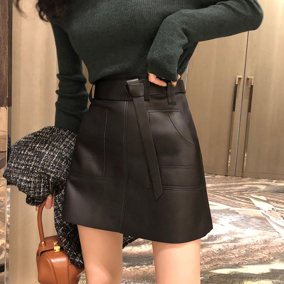 Small leather skirt for women 2024 summer new hip-hugging skirt Korean version slimming high-waisted black autumn short skirt A-line skirt