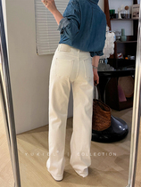 Small Plume Straight Drum Jeans Woman 2024 Spring Style Pants Elastic High Waist Conspicuously Slim White Narrow Version Mopping Pants