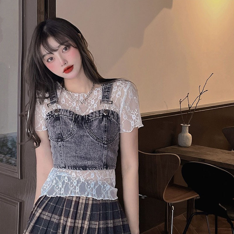 Round Neck Lace Base Shirt for Women in Summer, Paired with a Slip Dress, Worn as an Inner Layer, Short-Sleeved Transparent Cover-Up Mesh Top