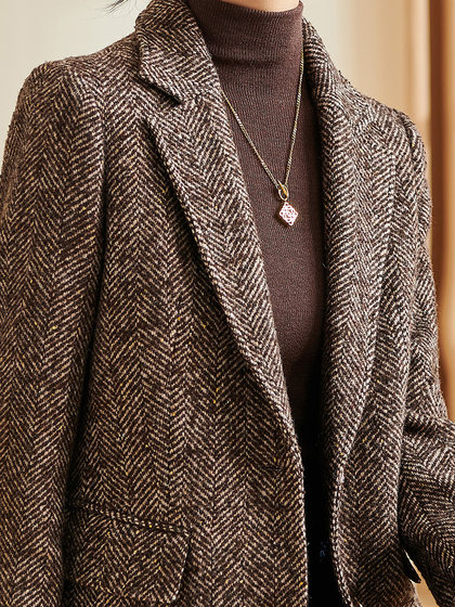 米思阳2023冬季新款轻奢质感西装外套混纺夹花羊毛呢子西服女3659