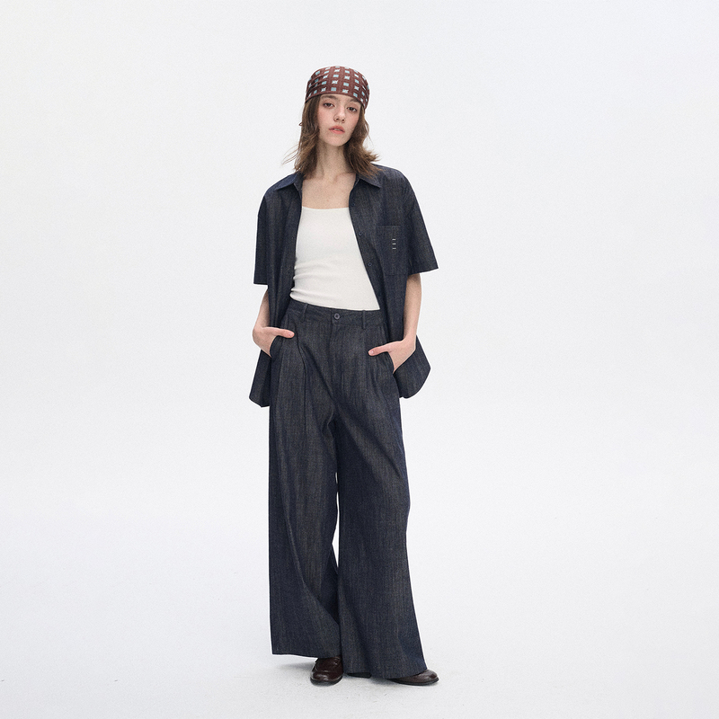 Uihasd Retro Casual Style Simple and Elegant Loose Shirt High-Waisted Wide-Leg Pants Original Denim Color Short-Sleeve Denim Set