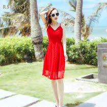 Rsemnia womens suspenders backless red lace dress small short skirt seaside resort beach dress tide