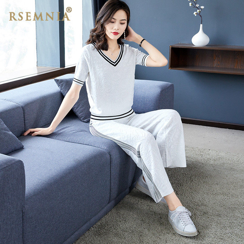 Rsemnia Day Series New White Wide Pants Suit Woman Short Sleeve Loose Ice Silk Sports Casual Two-piece Tide