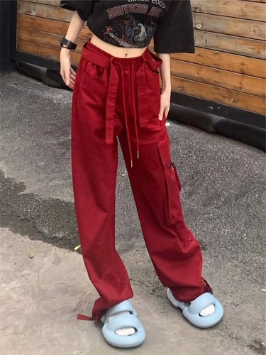 Tide, ретро красная униформа медсестры в стиле хип-хоп, дизайнерские штаны, повседневные брюки, в американском стиле, тренд сезона, свободный прямой крой