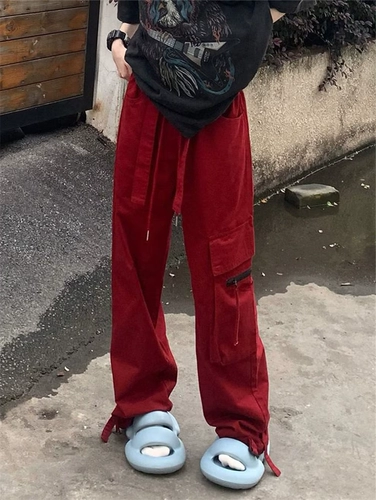 Tide, ретро красная униформа медсестры в стиле хип-хоп, дизайнерские штаны, повседневные брюки, в американском стиле, тренд сезона, свободный прямой крой