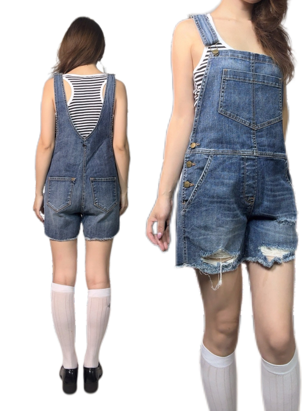Good Quality Export Surplus American-Style Vintage Casual Ripped Frayed Loose Denim Overalls Shorts for Women