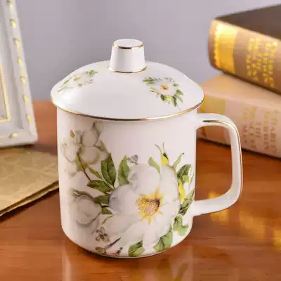 High-grade gold gold bone china cup large capacity ceramic office Conference Cup Gift mug Milk Cup with lid