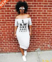 Plus Size Casual Bodycon Dress Women Shoulder Letter Printed