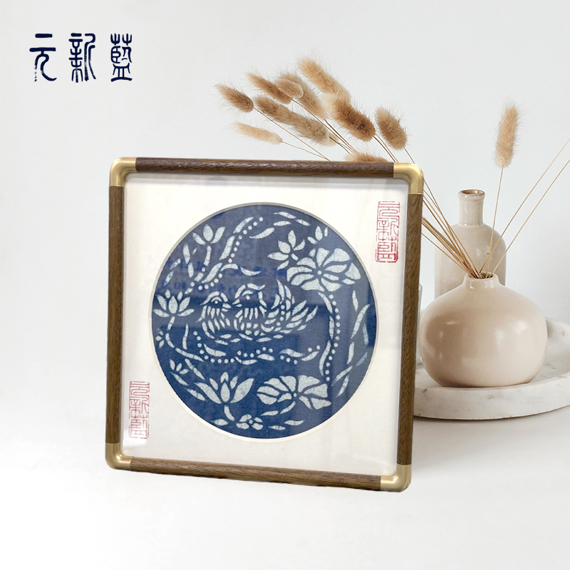 Ducks Playing in Lotus Pond [Nantong Blue Printed Cloth] Intangible Cultural Heritage Creative Photo Frame Display Frame Ornament Handicraft