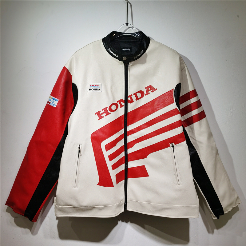 American Retro Honda Motorcycle Leather Jacket for Men and Women, Autumn and Winter Style, Loose Casual, Color-Blocked Jacket, Trendy Top