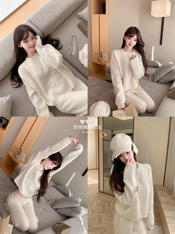 Ye Jia Nailah'Comfortable Outing' Lazy Commuting 100% Sheep Wool Waffle Knit Jacket Set for Women