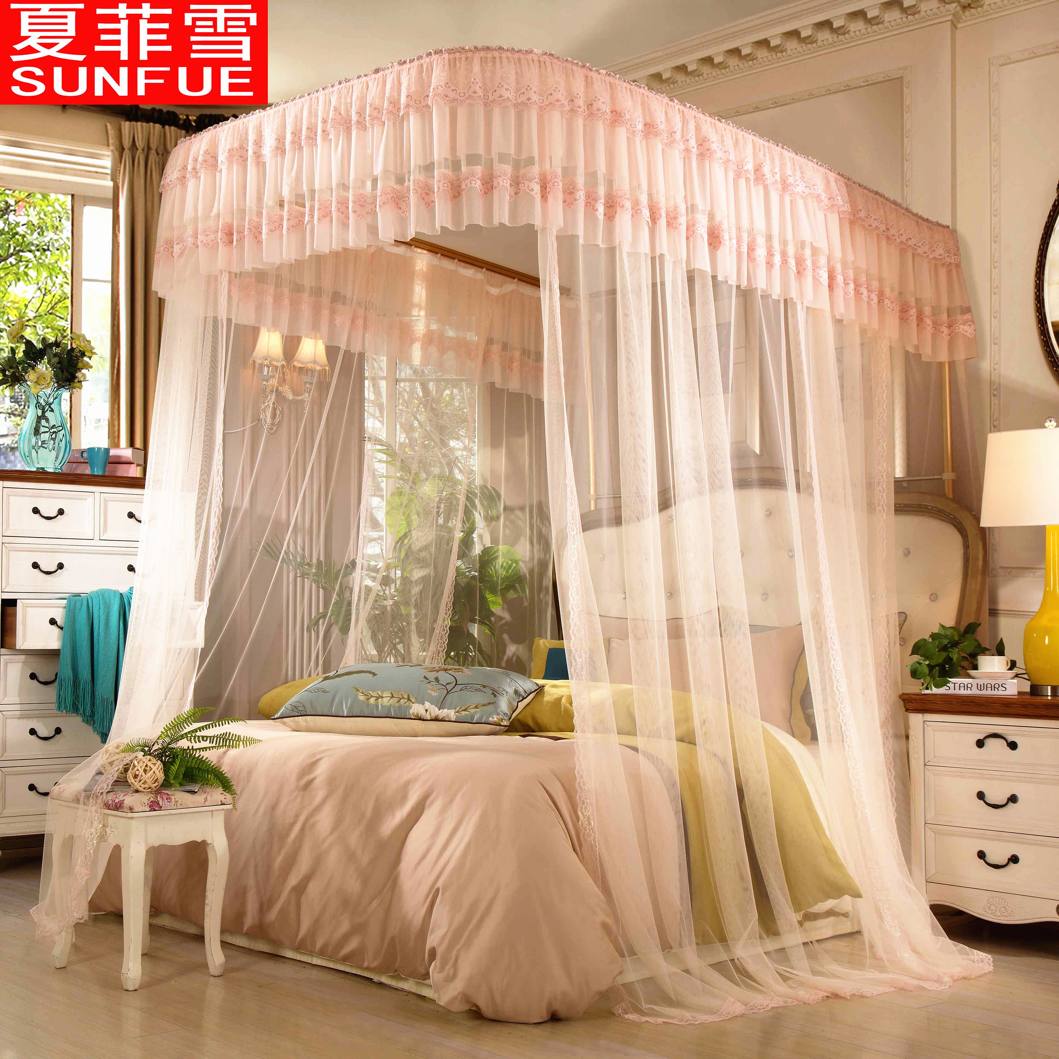 Mosquito net three-door U-shaped track pull curtain floor-to-ceiling new mosquito net 1 8m bed double home 1 5m encryption