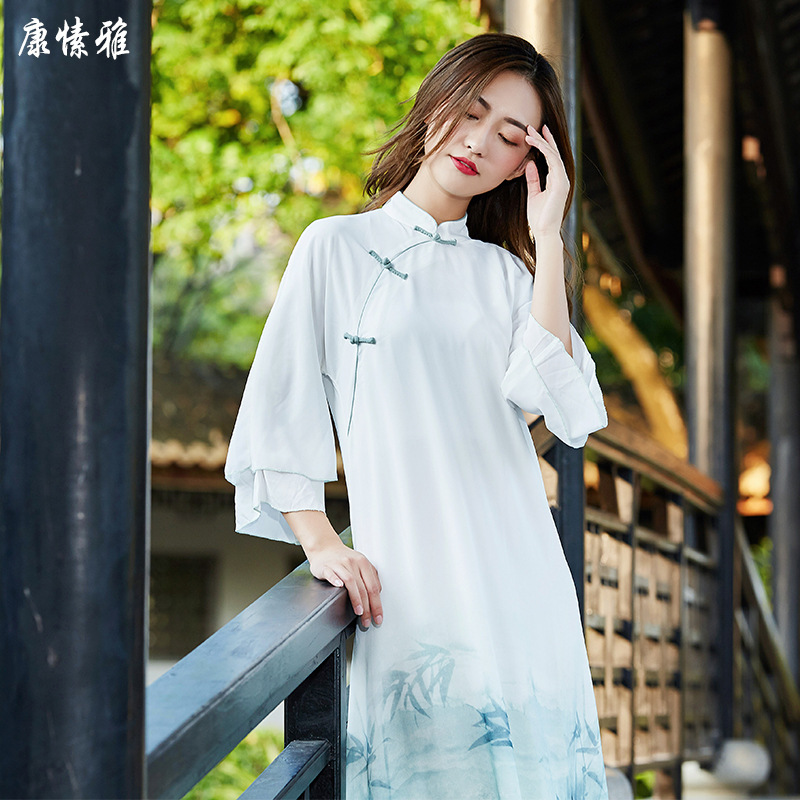 Tai Chi Suit Women's Medium Style Retro Pan Button Cotton Linen Dress Woman Long Sleeve Loose China Wind Qipao Long Dress Zen