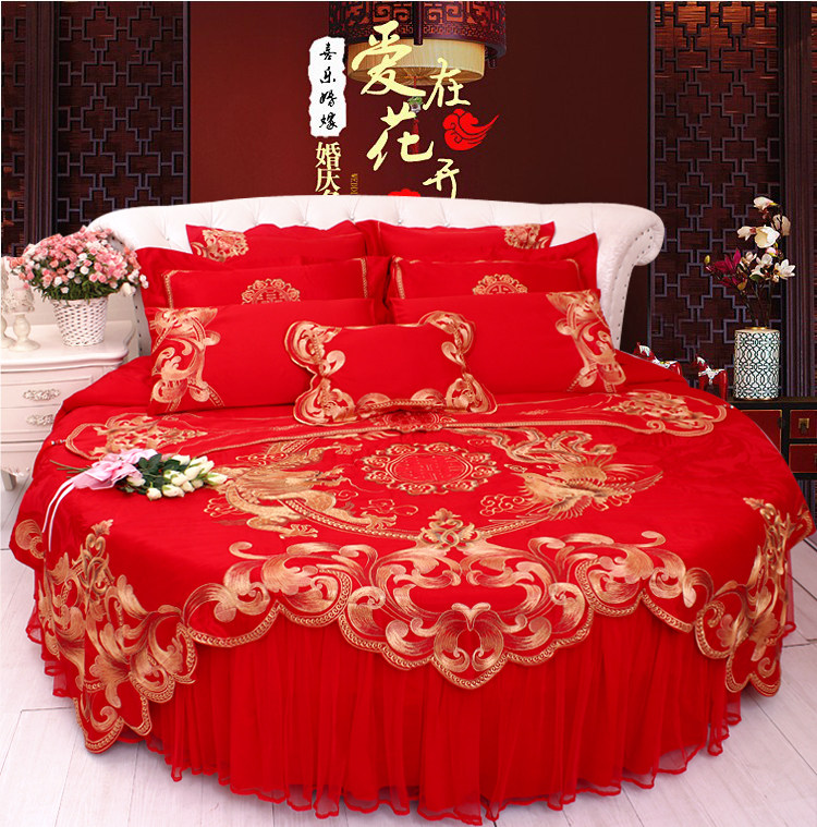 New Pint Dragon Crested Bunk Bed Pint Wedding Celebration Gonsatin Jacquard Embroidery Bed Bedding Large Red Wedding Round Bed Multi-Piece Set