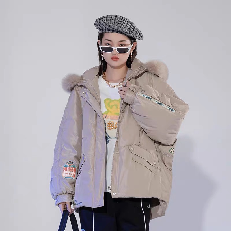 I Love Chocolate-Colored Hooded down Jacket with Fox Fur Collar