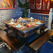 Marble hot pot table Induction cooker integrated commercial smoke-free gas stove Self-service solid wood skewer hot pot table and chair combination