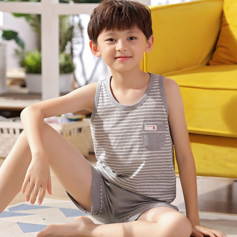 Chàng trai áo trẻ em đồ ngủ cotton bé trai chất béo mùa hè mỏng bông tay cậu bé giữa 12 tuổi 15 quần short bộ.