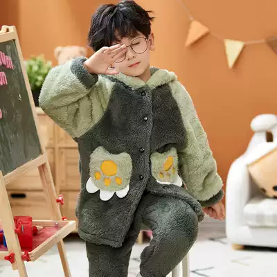 Youth pajamas boys winter plus velvet padded flannel cartoon boys primary and secondary school students 9-12-15-18 years old