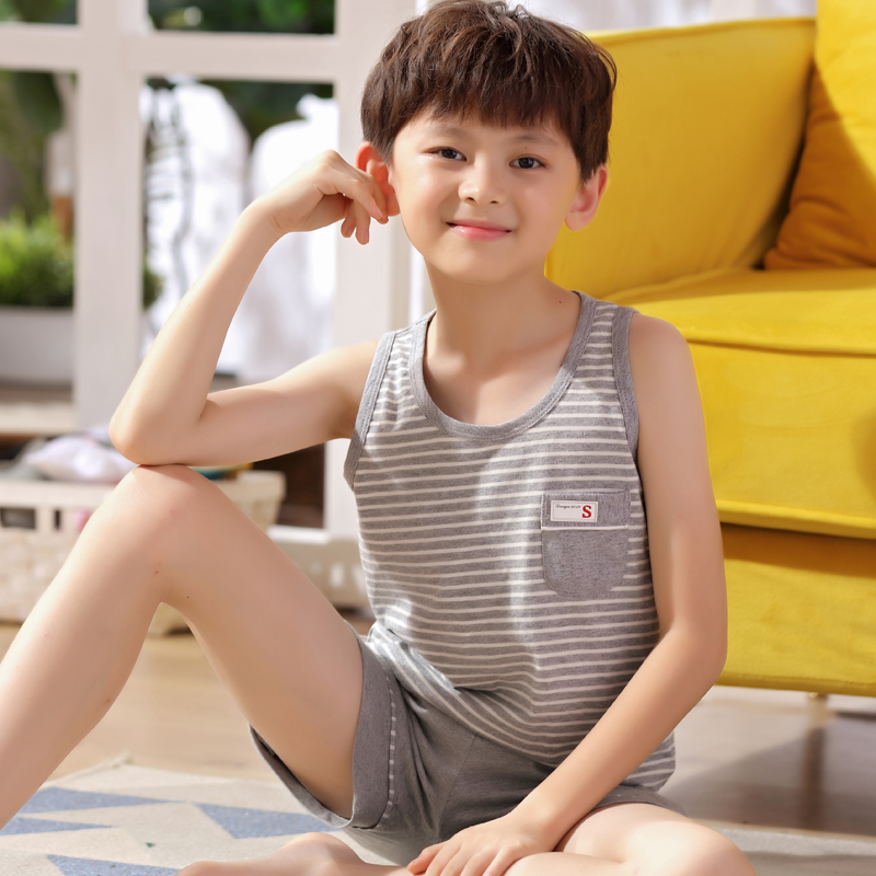 Childrens bông vest nam đồ ngủ tay vừa bé mùa hè trẻ em mỏng vest quần áo nhà thiết.