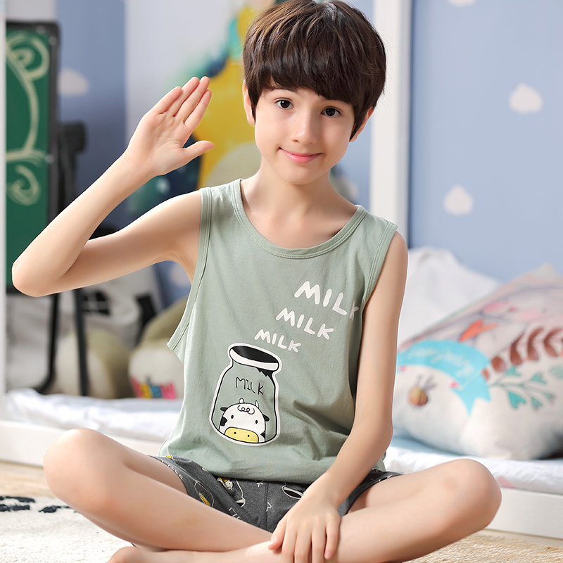 Childrens đồ ngủ bé trai bông tay mùa hè trẻ em lớn phim hoạt hình nhà quần áo phù hợp với mỏng boy mùa hè vest nhỏ.