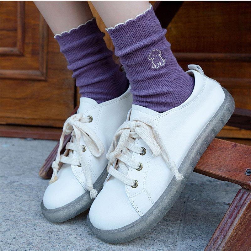 Crazy walking bubble socks female spring and autumn fungus edge lace puppy embroidery socks female spring and autumn mid-tube Korea