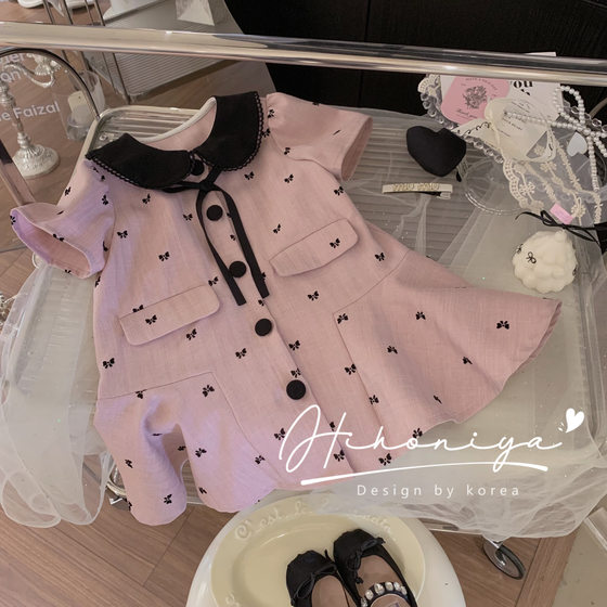 Spring韩国童装2025夏季新款显瘦蝴蝶结绑带拼色领亲子连衣裙韩版