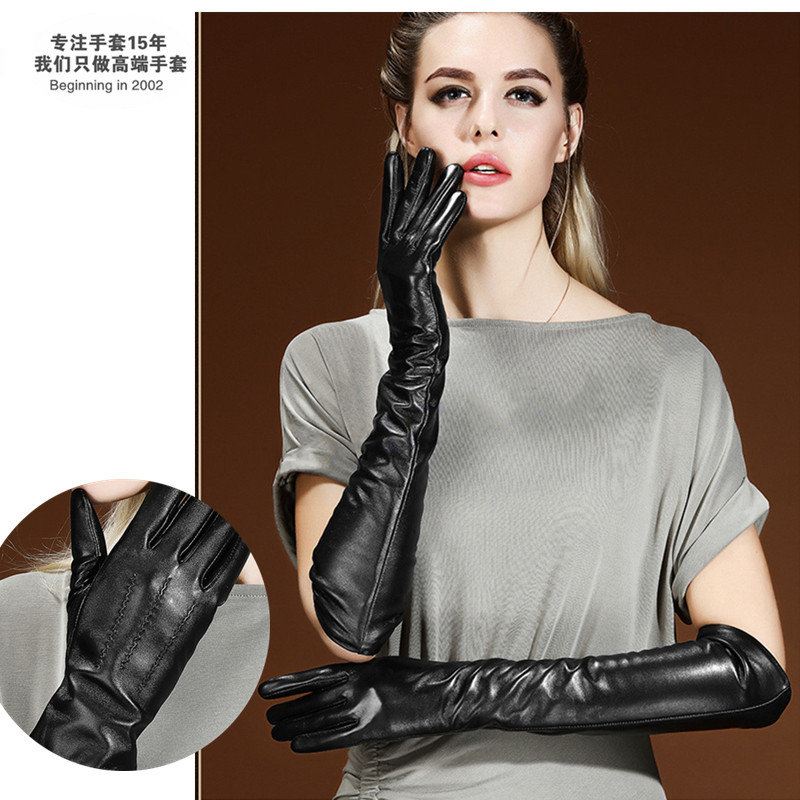 21 new Shirai driving leather goatskin women's autumn and winter plus velvet thickened warm riding long gloves