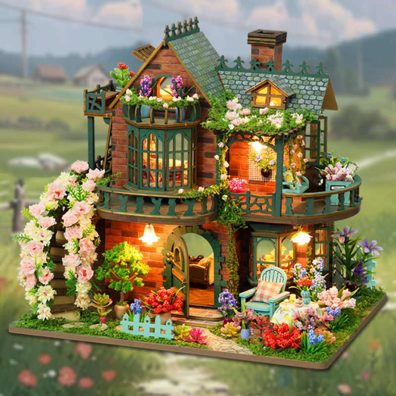 DIY Handmade Cabin Loft Fairy Garden Chinese Style Handmade Small House Wooden Assembly Model Toy