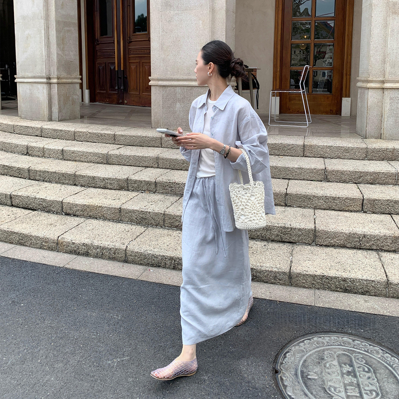 Linen Outfit Shirt Set for Women, Summer Casual, Stylish, Old Money Style, Cotton and Linen Sun Protection Clothing, Skirt Two-Piece Set