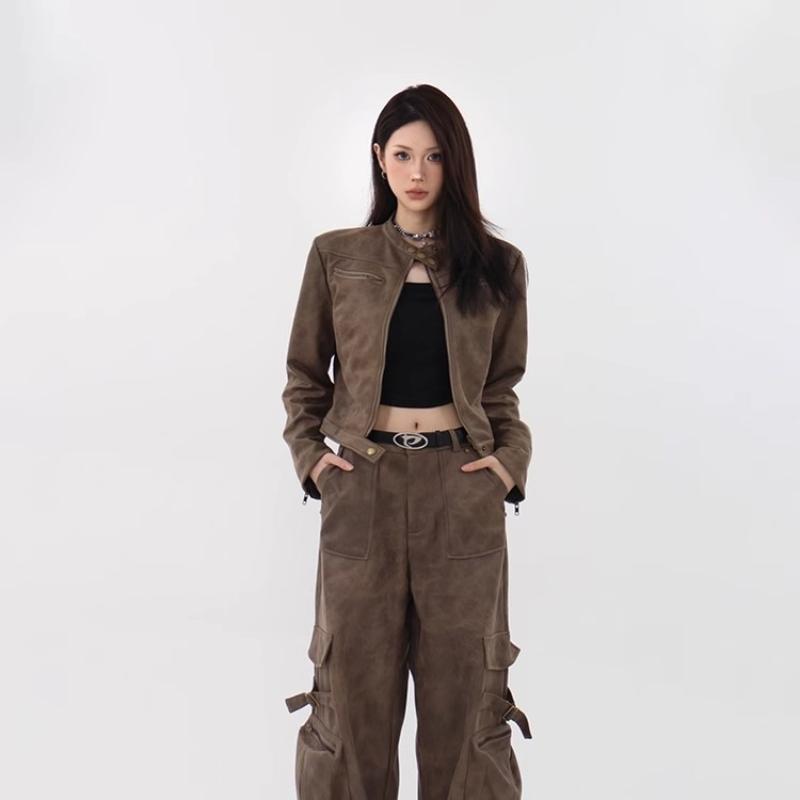 American Retro Melard Brown Pu Leather Jacket for Women, Short Style, 2025 Autumn and Winter New Motorcycle Jacket Top