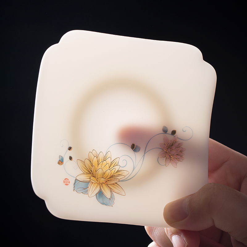 White porcelain suet jade cup cushion square tea cushion hand painted enamel tea cup holder ceramic Kung Fu tea set dry saucer accessories