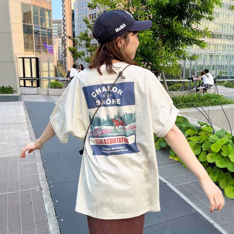 Summer Japanese-Style Dc Letter Brown Bear Red House Horse Racing Print Pure Cotton Loose Mid-Length Unisex Casual T-Shirt