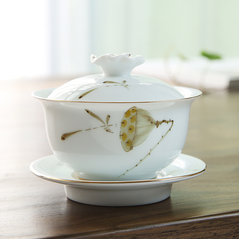 Gaiwan teacup ceramic kung fu tea set tea maker hand-painted thin tire three-talented bowl household toast teacup trumpet single