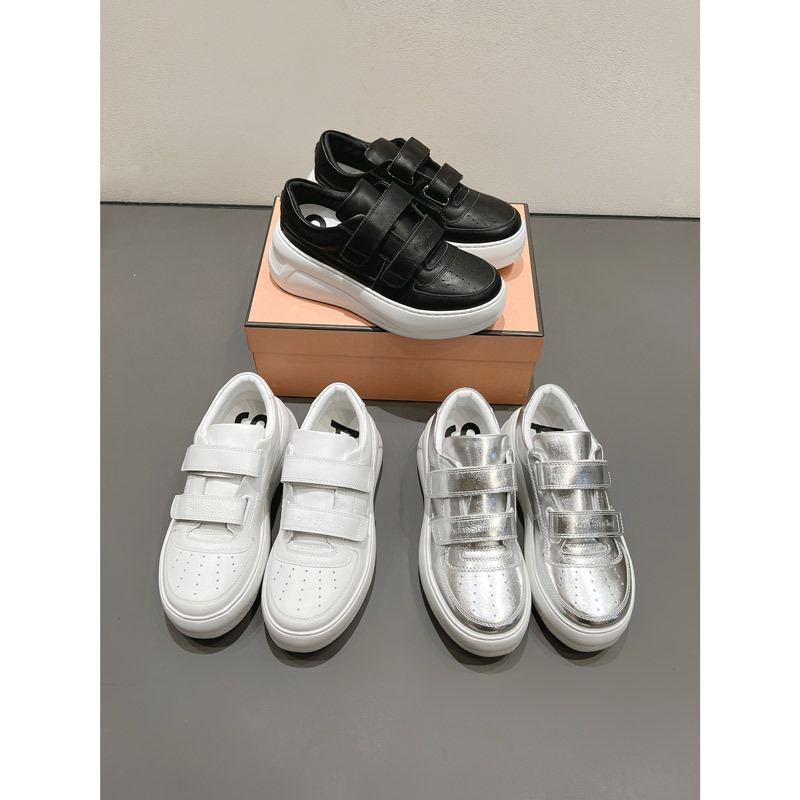 Acn Little Chubby Soft Leather White Sneakers for Women 2024 New Model Smiley Face Velcro Thick Sole 6cm Height Increase Casual Board Shoes for Women