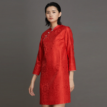 (mustard original) brocade embroidered New Years retro red woven brocade Colored Tooth Strip Design Qipao Skirt Dress Dress