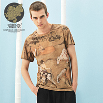 (Mens Ruins) Baths China Wind Round Collar Retro Printed Design Men and women Couples half-sleeve T-shirts