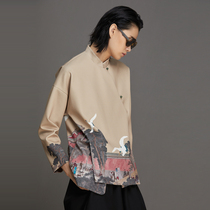 (Mustard original) Yuefu Chinese style printed stand collar slant shoulder sleeve asymmetric improvement Tang suit Hanfu