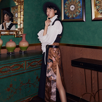 (Mustard original) idle pool retro printing national tide wool split design improved Hanfu cardigan long horse clip