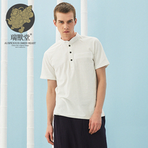 (Mens Clothing and Veterinary Hall) WeChat China Wind Collar Plug-in Sleeve Design Half Sleeve Casual Loose Pure Cotton T-shirt