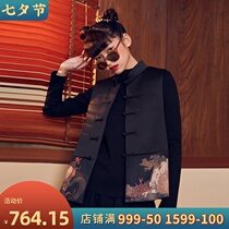 (Mustard original)Off-the-cuff Chinese style stand-up collar handmade plate buckle printing design improved Tang clothing thin cotton horse clip