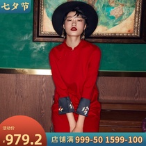 (Mustard original)Weiyang retro Chinese red stand leader mouth printing design improved dress cheongsam skirt