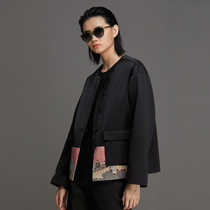 (Mustard Original) Hongfan China Wind Round Collar Printed Three-dimensional Sticker pocket Design Improved Tang Loaded Short Coat Woman