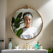 French retro bathroom mirror wall-mounted round American dressing table wall-mounted European carved bathroom makeup mirror