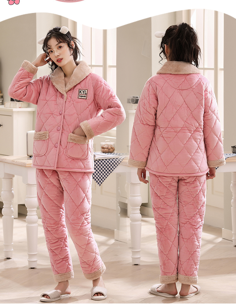 索妮洁 女士冬季三层加厚法兰绒家居服套装 图3
