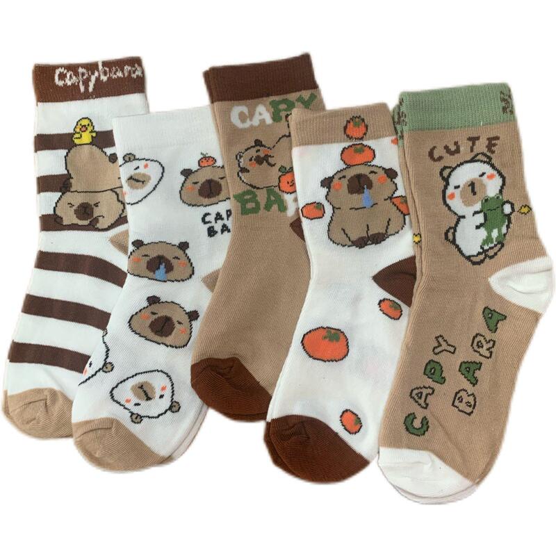 5 Pairs of Kapibara Mid-Calf Socks, Autumn and Winter Style, Cartoon Cotton Socks, Sweat-Absorbent and Breathable, Boys and Girls Socks, 1-12 Years Old Baby Socks