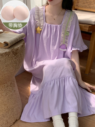 带胸垫公主风睡裙女夏季短袖可爱花朵薄款家居服夏天宽松孕妇睡衣