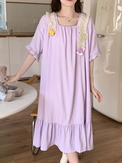 带胸垫公主风睡裙女夏季短袖可爱花朵薄款家居服夏天宽松孕妇睡衣