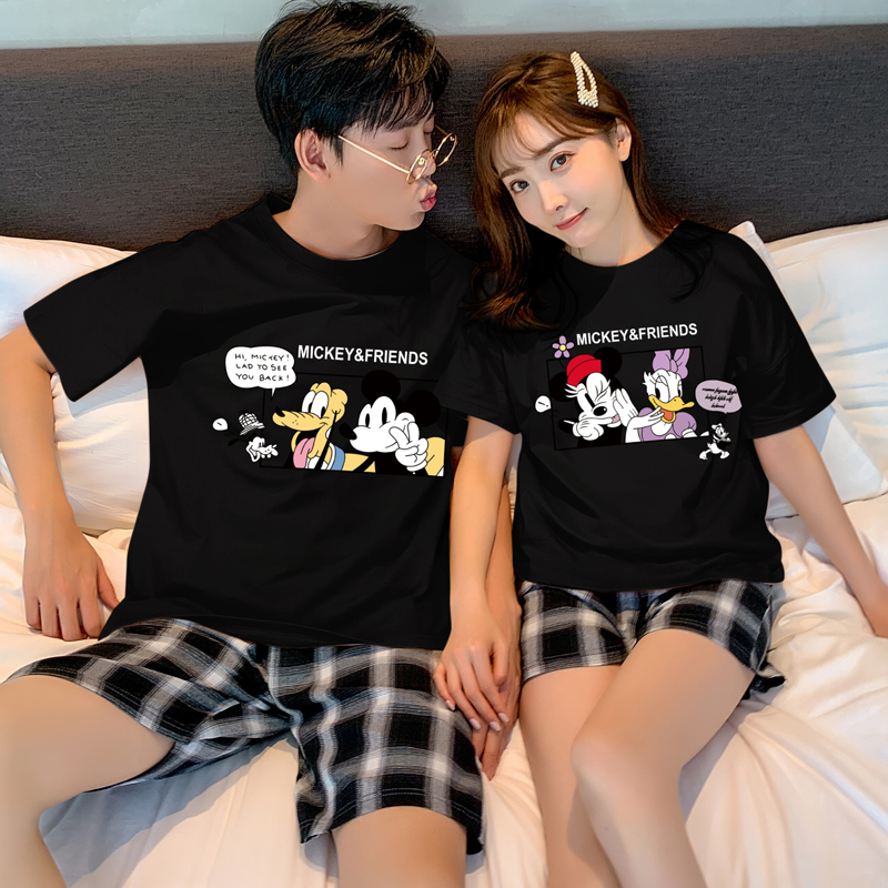 Couple pajama cô gái dễ thương Chuột Mickey ròng đỏ nổ bông cotton mùa hè mens mỏng nhà quần áo hai mảnh bộ có thể kiệt sức.