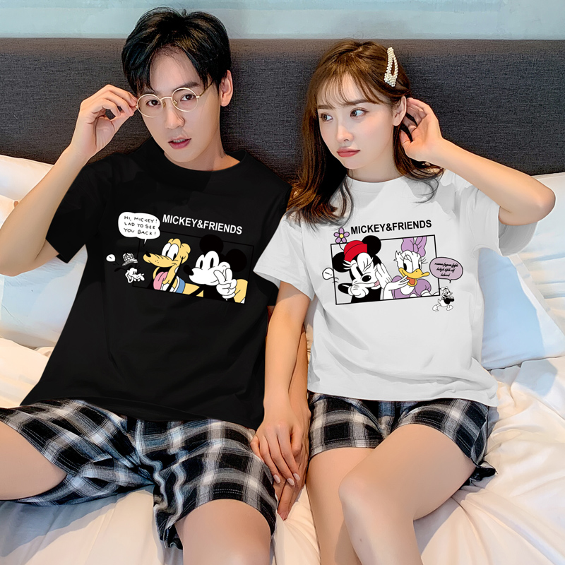 Couple pajama cô gái dễ thương Chuột Mickey ròng đỏ nổ bông cotton mùa hè mens mỏng nhà quần áo hai mảnh bộ có thể kiệt sức.