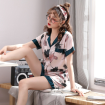 Spring and Autumn Pajamas Womens Summer Ice Silk Thin Short Sleeve Home Clothes Large Size Fat mm200 Jin Summer Two-Piece Set